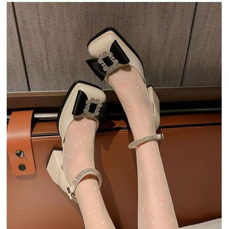 flowersverse Fashion Rhinestone Square Buckle Chunky Heel Shoes High Heel Pumps Women's Popular New Temperament Commute Closed Toe Bag Heel Pumps Women