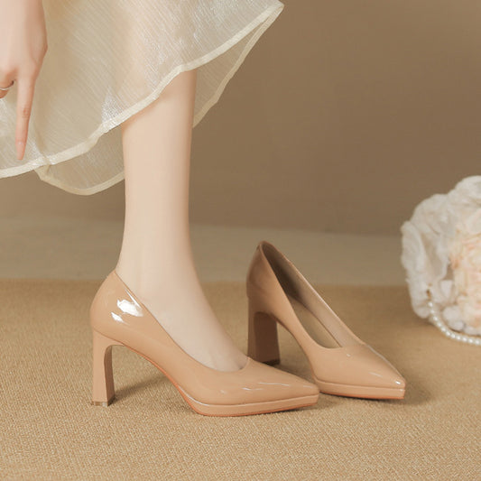 2025 8066-1 Sexy solid color pointed thick heel high heels women's waterproof table bridesmaid shoes Ol professional work single shoes women
