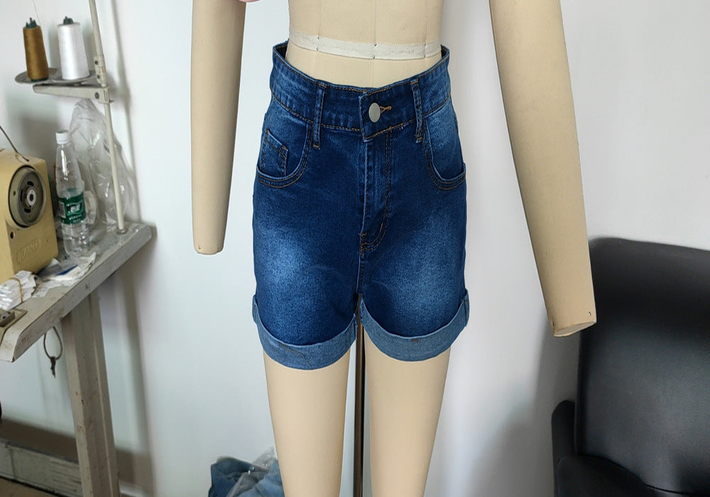 Popular trade elastic hole flanged denim shorts women