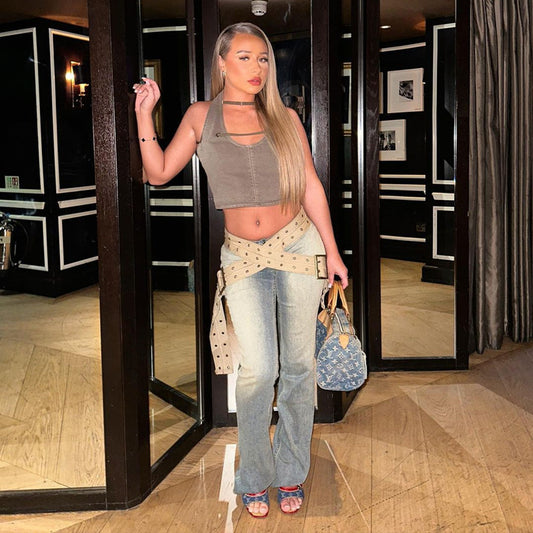 flowersverse Winding Belt Jeans Women's Summer New NEWn Retro High Street Hot Girl Style Low Waist Straight Jeans