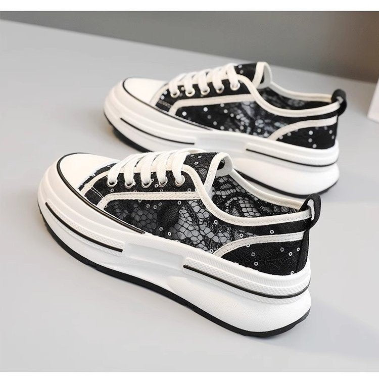flowersverseSummer Mesh Canvas Shoes for Women New Versatile Breathable Thick Sole Height Increasing Ins Korean Style Casual Sneakers for Students