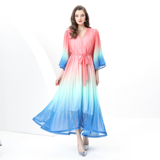 women's clothing new niche light ripe wind waist strap loose V-neck horn sleeve gradual change color dress