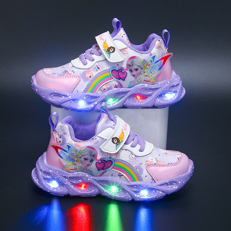 flowersverse With Light Girls' Shoes Autumn New Mesh Surface Breathable Shoes Leather Girls Sneaker Little Girl Princess Shoes