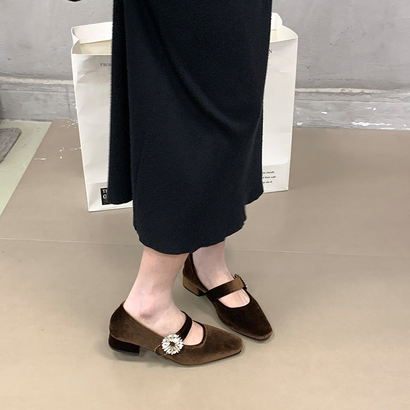 2025 Thousand gold elegant retro square head rhinestone buckle with Mary Jane shoes temperament suede thick heel single shoes women