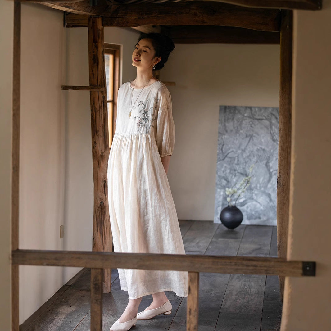 2025 spring and summer new product embroidery pure ramie gentle wind dress women's summer light and thin round neck loose long dress B0458