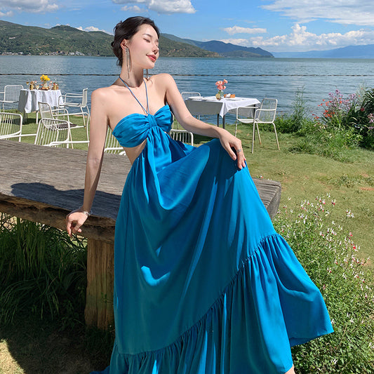 2025 white neck halter suspender dress temperament bohemian long dress Thai seaside vacation beach dress