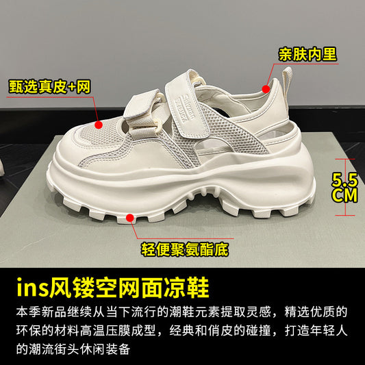 2025 Velcro leather thick-soled dad shoes women's breathable mesh hollow mesh shoes sandals student leisure sports little white shoes