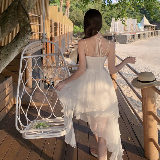 2025 Vacation style chic pleated suspender skirt girl irregular streamer ruffle edge fairy tutu birthday dress