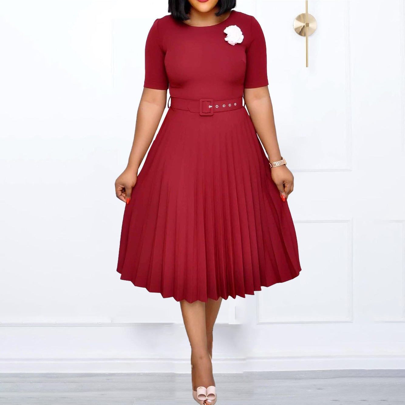 FLOWERSVERSE Cross-border new European, American round neck medium and long pleated skirt large size African cross-border belt dress