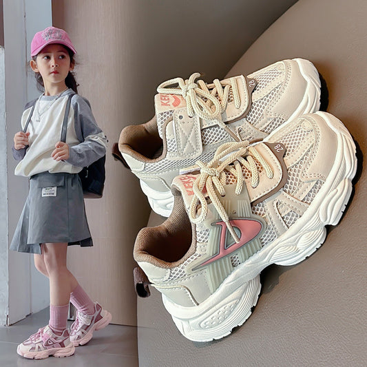 flowersverse Children's Mesh Sneaker Spring and Autumn New Boys' Solid Color Dad Shoes Girls' Medium and Large Children's Running Shoes Tide