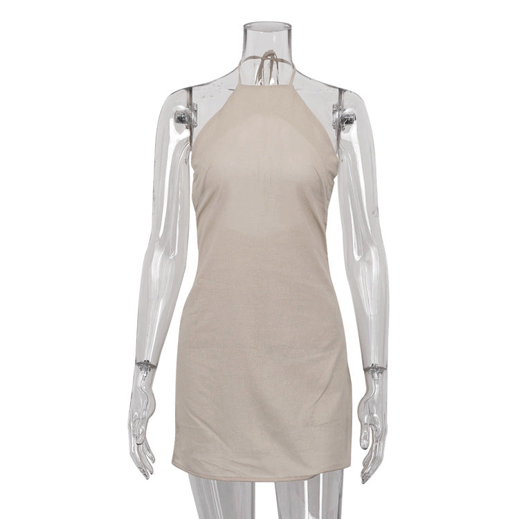 Europe and America Cross Border Women's Clothing 2023 Summer New Cotton and Linen Dress Backless Sexy Hot Girl Halter Lace-up A- line Skirt