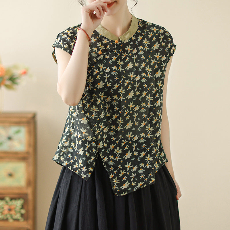 Cotton and linen new Chinese-style diagonal placket-button sleeveless shirt summer national style printing retro literary temperament top women