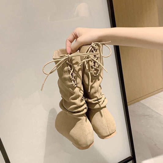 2025 Pile boots retro round head flat bottom niche cross strap frosted leather western cowboy boots wrinkled apricot short boots women