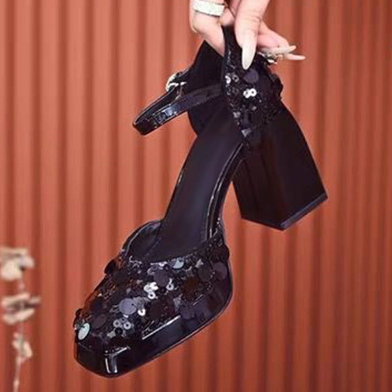flowersverse Summer New Sequin Fashion Square Toe Sandals Women's Shoes Closed Toe Root Ankle-Strap Buckle with Mid-High Heels