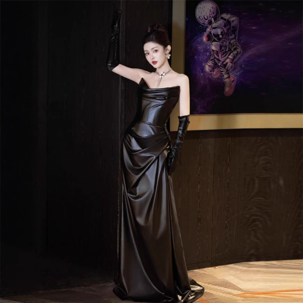 2025 Evening dress new black leather skirt high-end light luxury niche wedding morning gown female bride toast dress spring