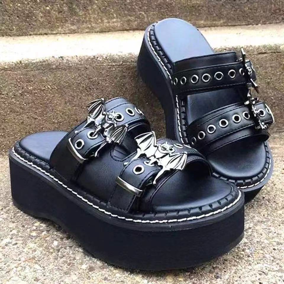 Amozae Summer Women's All-Match Casual Slippers Black Goth Punk Round Toe Platform Ladies Sandals Zapatillas De Mujer