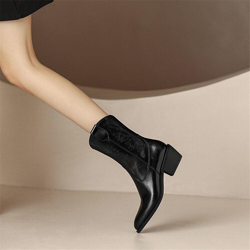 flowersverse Autumn New Pointed Toe Embroidered Western Cowboy Boots Fashion Women Shoes Female High Heels Chunky Heels Shoes For Women