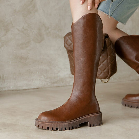 flowersverse Autumn Winter New Women High Boots Split Leather Round Toe Women Boots Thick Heel Knee-High Women Shoes Zipper Knight Boots