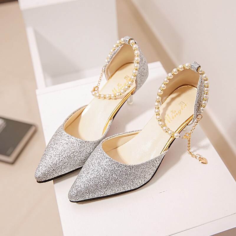 flowersverse Pointed toe Pearl High heels shoes Female Fashion hollow with Sandals Paillette of the Thin Breathable shoes Women Pumps