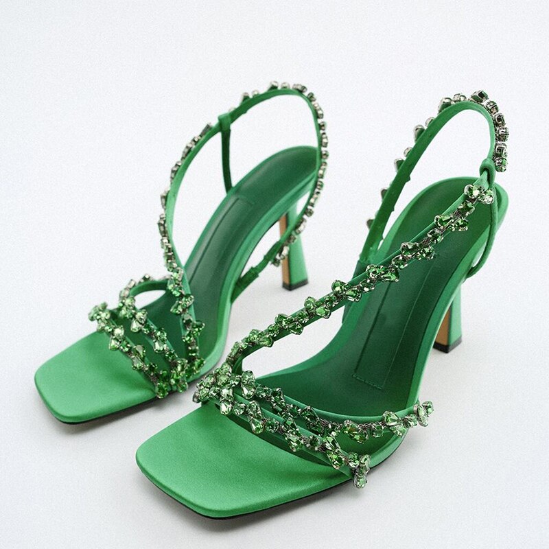 flowersverse New Women Sandals Buckle Strap Open Square Toe Ladies Pumps High Heel Beaded Fashion Summer Rhinestone Female Shoes