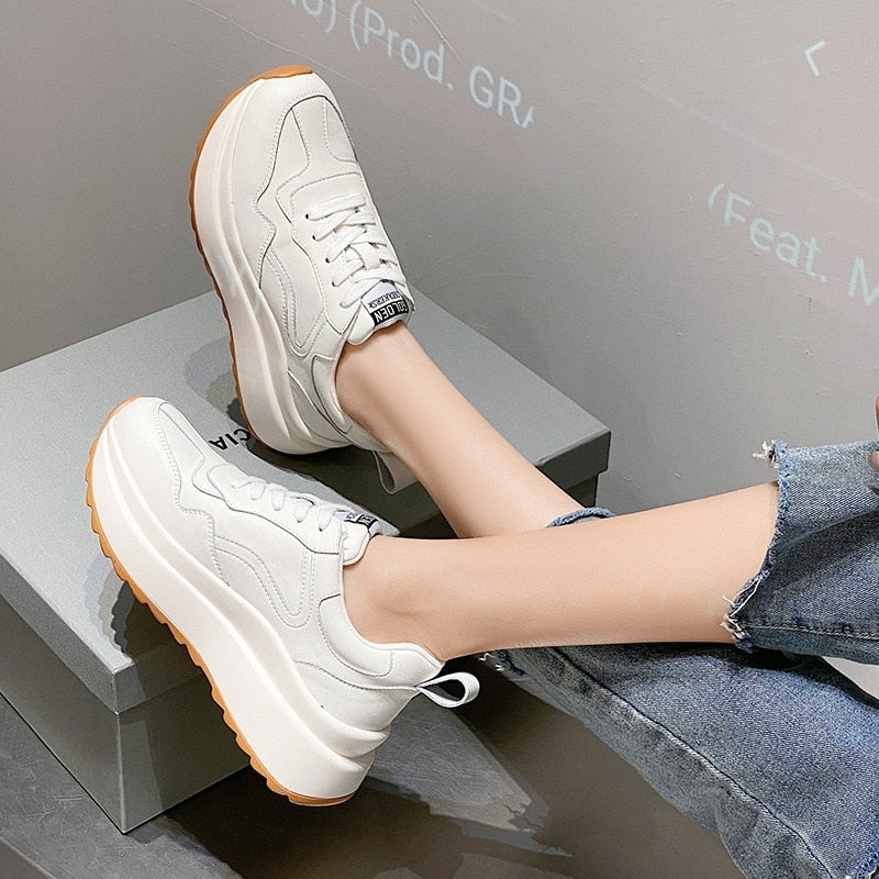 flowersverse Fashion Women Shoes Platform Sneakers Ladies Lace-Up Casual Shoes Breathable Walking Shoes White Flat Sneaker
