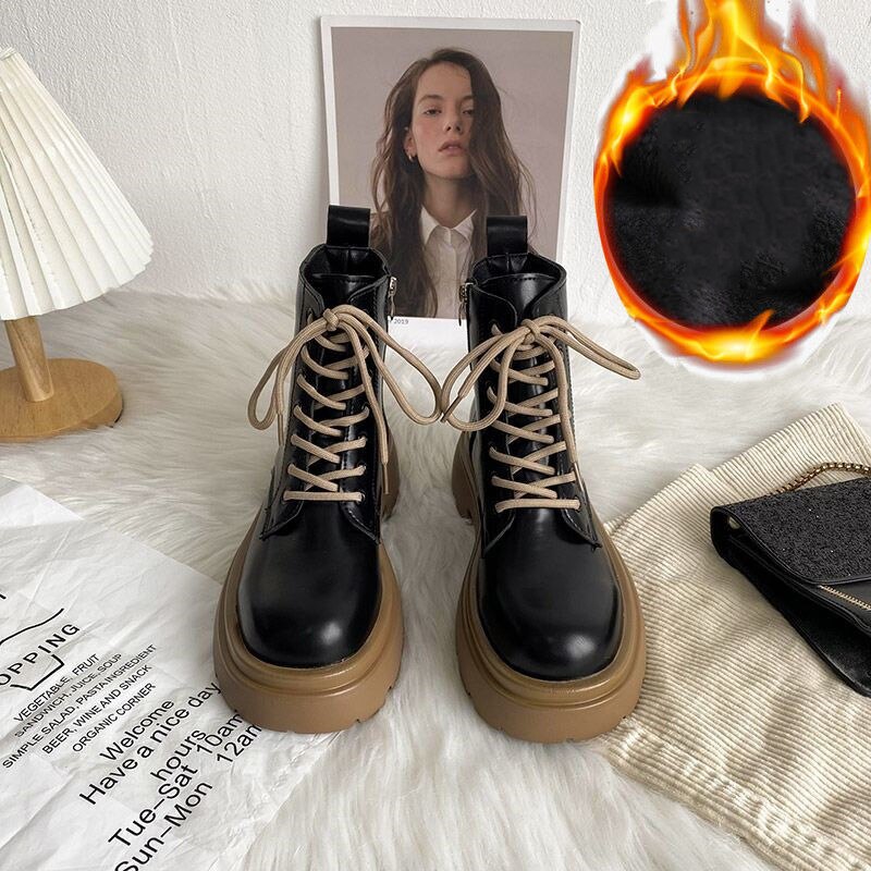 Christmas Gift New Winter Women Boots Comfortable Platform Lace-Up Ankle Boots Woman Fashion Shoes Female Casual PU Short Boots Ladies