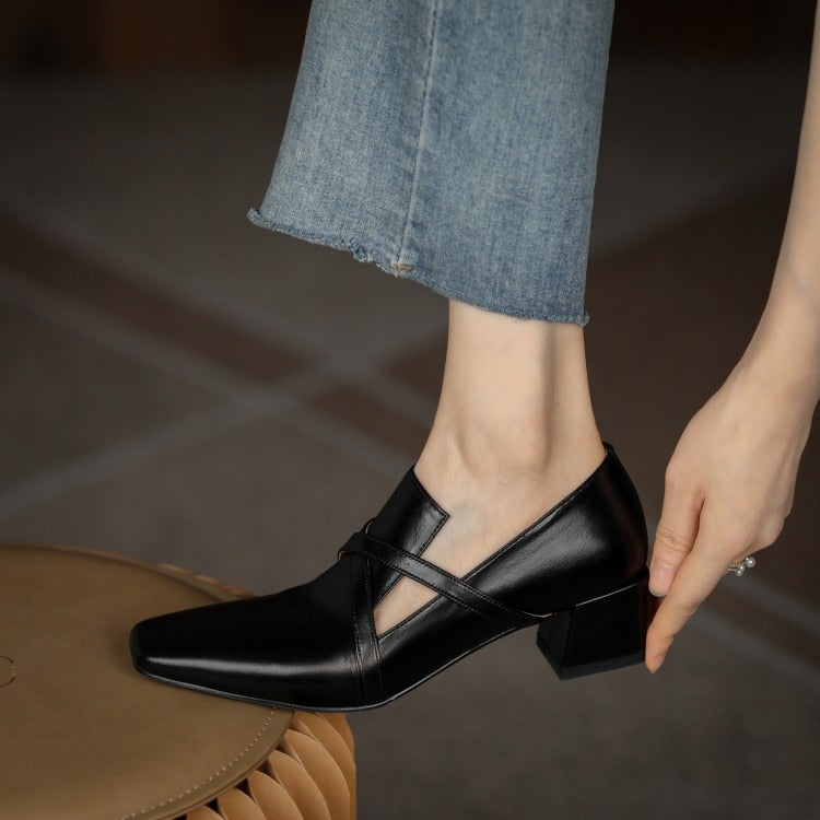 flowersverse French Retro Shoes Slip-On Women Shoes Fashion Spring/Autumn Shallow Women Pumps Square Toe Thick Heel Shoes Woman Handmade