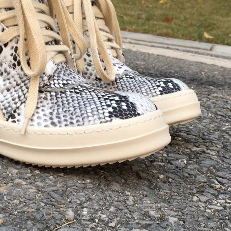 Black Friday Amozae Men's Shoes Leather Snakeskin Round Toe Casual Shoes High Version Thick Bottom Sneakers Spring Lace Up Brand Designer Shoes