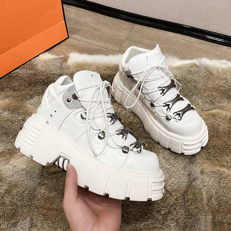 Thanksgiving flowersverse Punk Style Women Sneakers Lace-Up 6CM Platform Shoes Woman Creepers Female Casual Flats Metal Decor Tenis Feminino