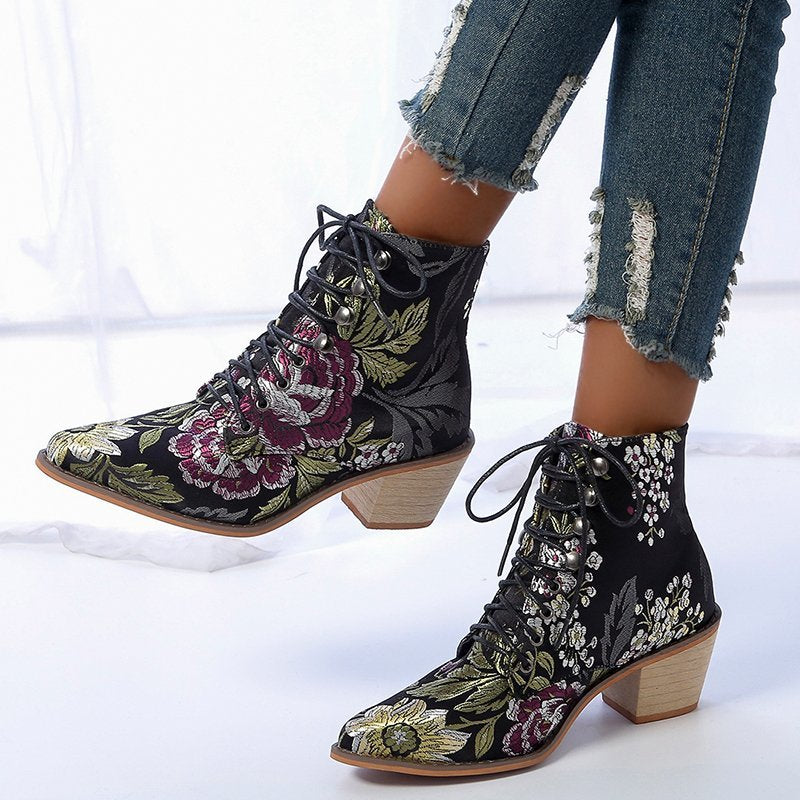 Christmas Gift 2022 Women's Shoes Fashion Boots Women Ankle Boots Chinese Style Embroidered Flowers Boots Fortune Flower Women Boots