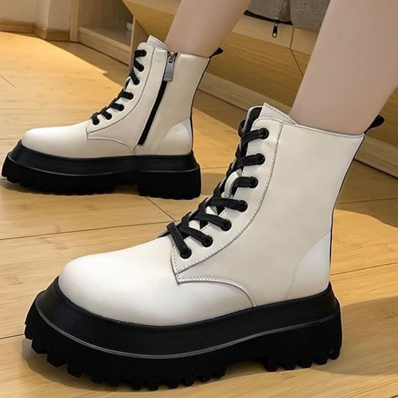 flowersverse New Women Boots Zipper No Slip Fashion Mid Calf Boots Woman Casual Sports Shoes Female Winter Platform Heel Ladies Shoes