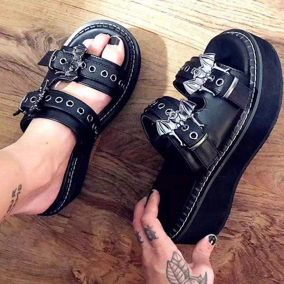 Amozae Summer Women's All-Match Casual Slippers Black Goth Punk Round Toe Platform Ladies Sandals Zapatillas De Mujer