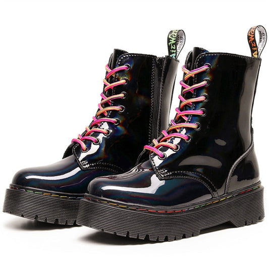 Amozae Bright Genuine Leather Boots Women Platform Boots Lace-Up Zipper Female Combat Boot Increase Height Lady Shoes Black Botas Muje