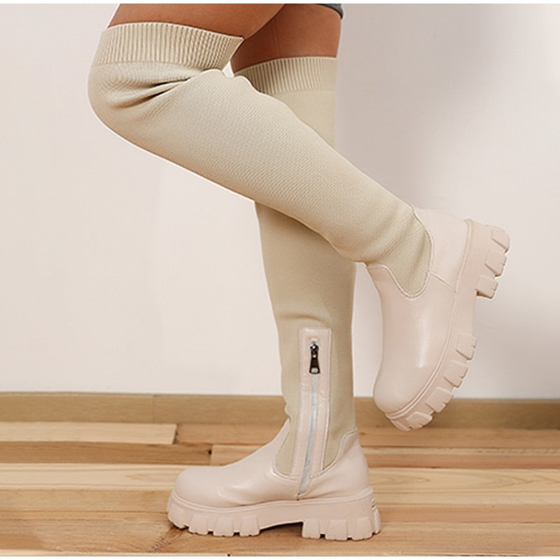 Christmas Gift Over The Knee Spring And Autumn Stitching Knitted Vertical Pattern Fashion Platform Boots Socks Shoes Women's Boots