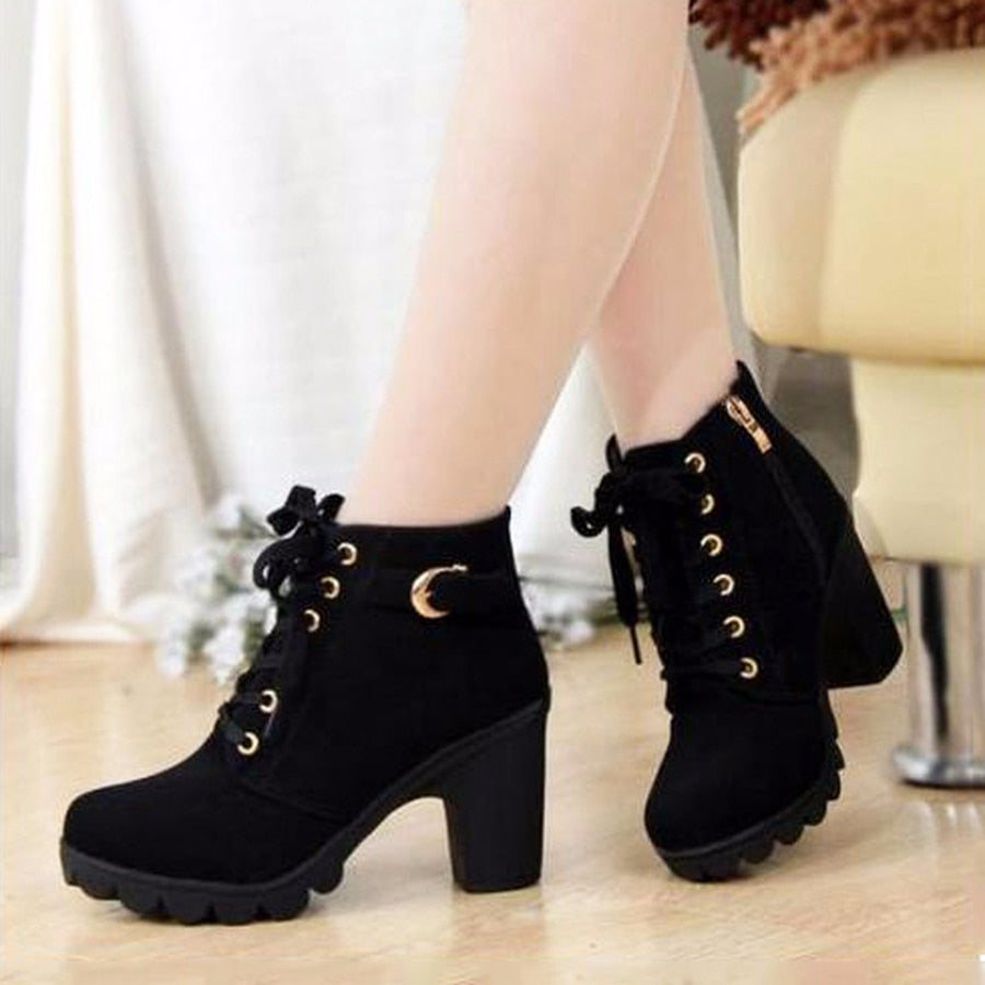 Amozae 2022 New Spring Winter Women Pumps Boots High Quality Lace-Up European Ladies Shoes PU High Heels Boots Fast Delivery
