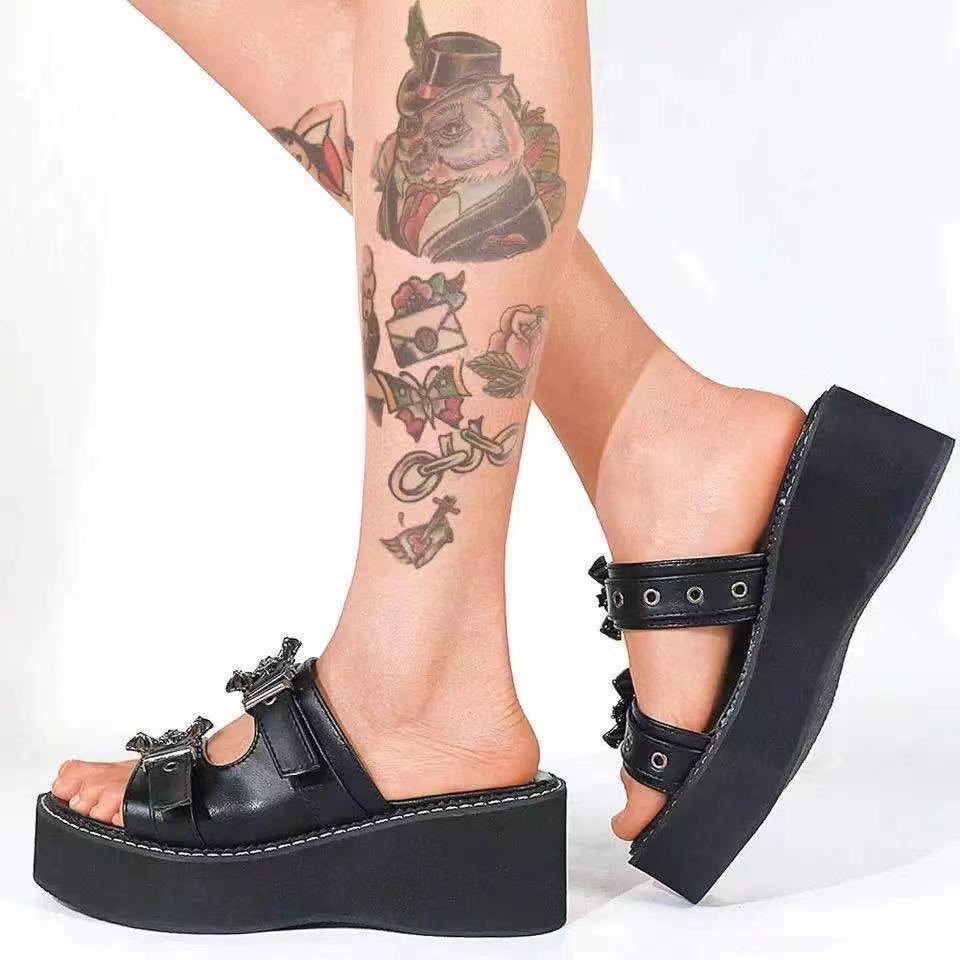 Amozae Summer Women's All-Match Casual Slippers Black Goth Punk Round Toe Platform Ladies Sandals Zapatillas De Mujer