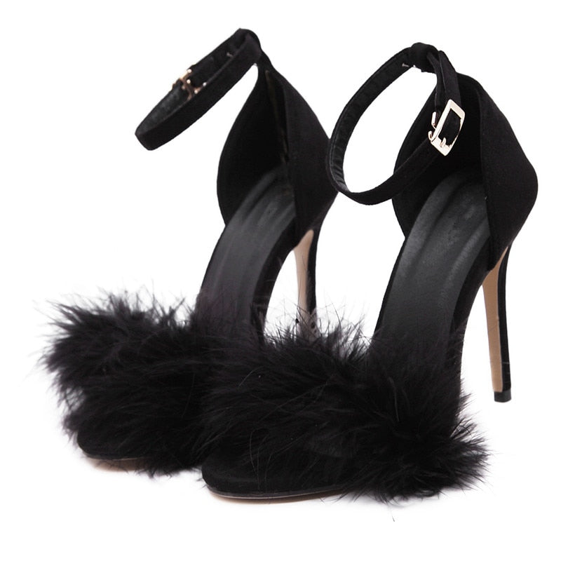 Amozae Women Stiletto Sandalen 2022 Trend 11Cm Heels Designers Summer Shoes Open Toe Fluff Strappy Thin High Heels Lace Up Fur Sandals