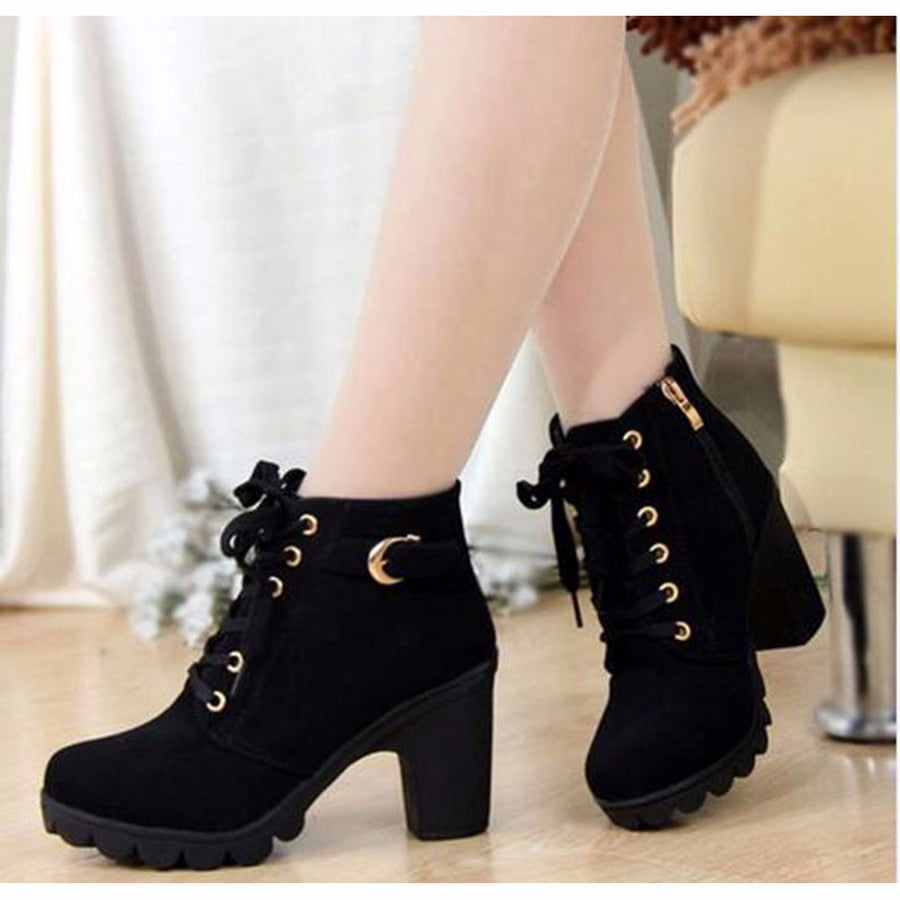 Amozae 2022 New Spring Winter Women Pumps Boots High Quality Lace-Up European Ladies Shoes PU High Heels Boots Fast Delivery