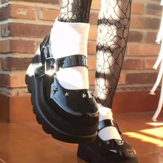 Amozae Plus Size Women Platform Shoes Black Wedge Mary Jane Leather Shoes For Womens High Heels Woman Punk Gothic Thick-Soled Sandals