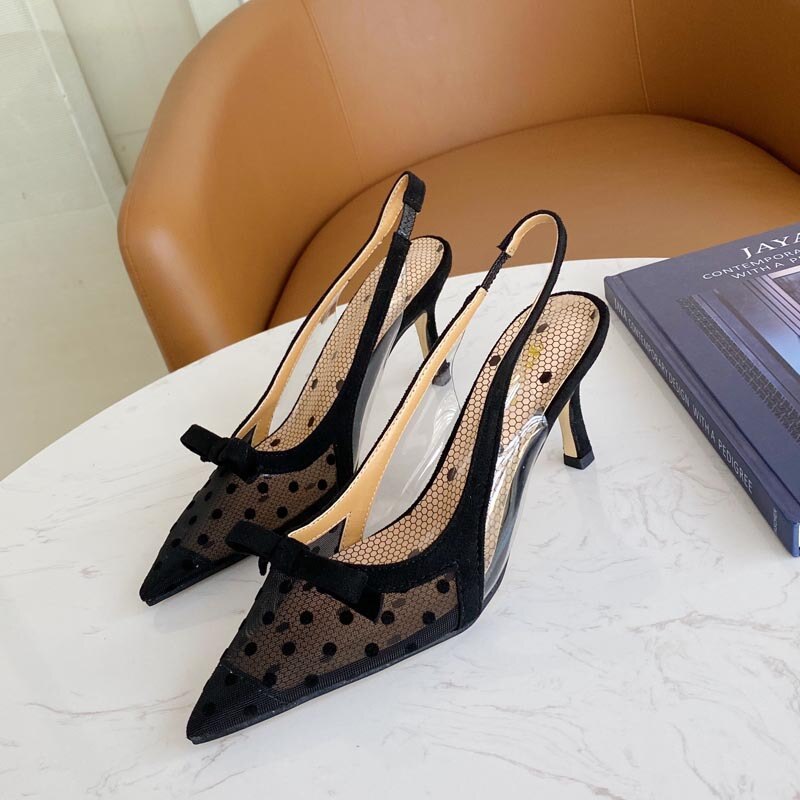 Amozae 2022 Korean-Style Polka Dot Buckle Evening Party High Heels Pumps Comfortable Women's Stilettos Bowknot Sandals Women Shoes