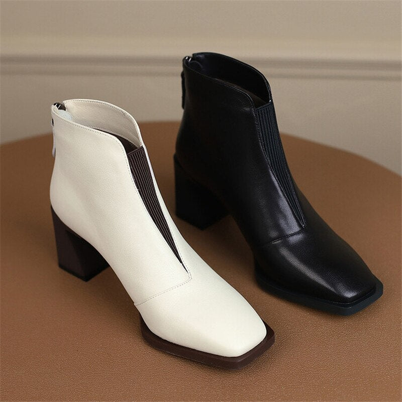 flowersverse Autumn Winter Square Toe Boots Women Chunky Heel Genuine Leather Shoes For Women Short Boots Solid Color Zipper Ankle Boots