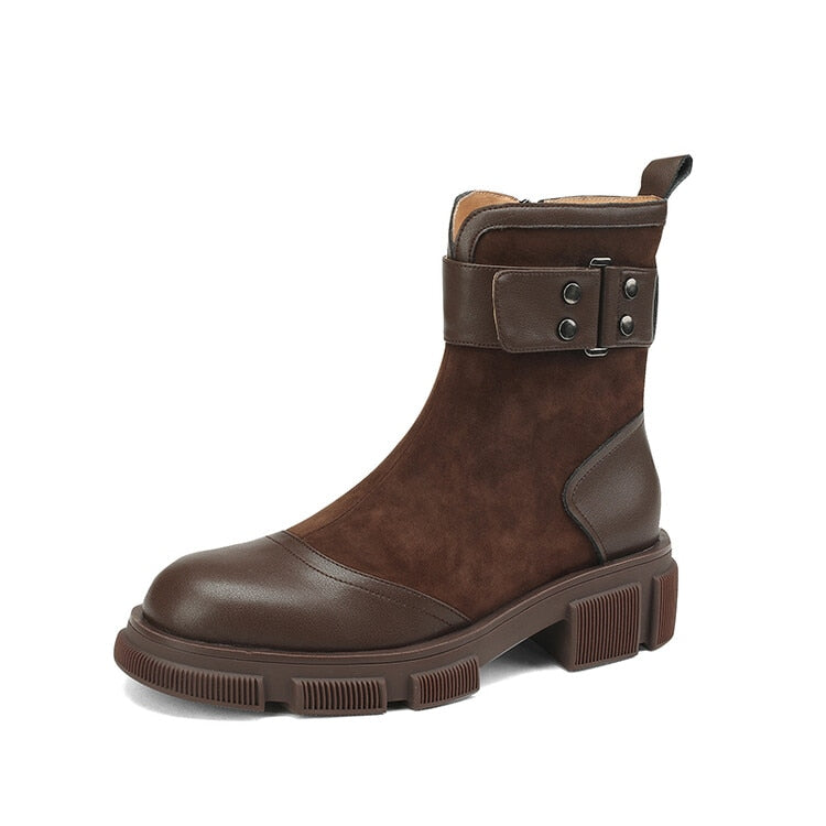 flowersverse Autumn Round Toe Women Boots Chunky Heel Shoes For Women Short Boots Belt Buckle Ankle Boots Platform Shoes Knight Boots
