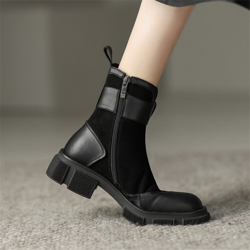 flowersverse Autumn Round Toe Women Boots Chunky Heel Shoes For Women Short Boots Belt Buckle Ankle Boots Platform Shoes Knight Boots