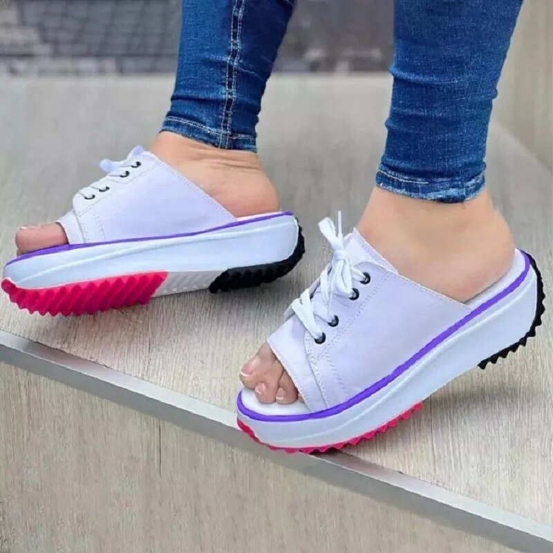 Amozae Summer Womens Platform Slippers Shoes Large Size Lace-Up Fish Mouth Canvas Slipper Shoes For Women Beach Thick Bottom Sandals