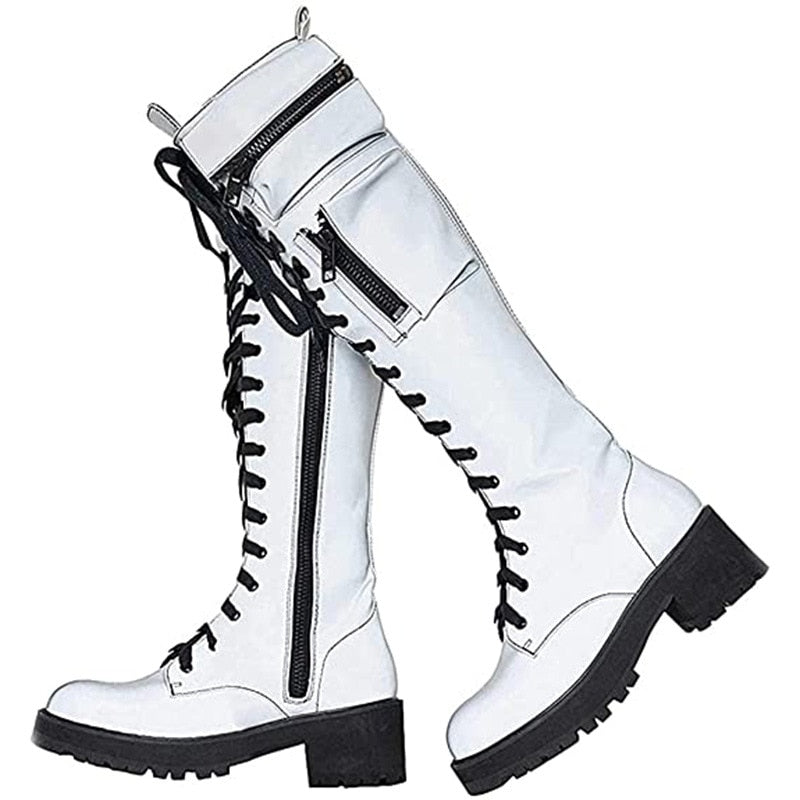 Amozae Fashion Women's Thigh High Boots Black Punk Gothic Woman Platform Boots Wedge Motorcycle Boot Heels Women Shoes Big Size