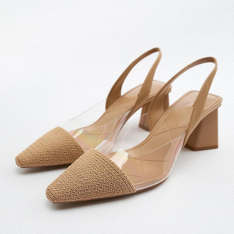 Amozae Ladies Pumps Pointed Toe High Heel Narrow Band Luxury Shallow Party Women Sandals Summer Fashion Weave Solid Female Shoes