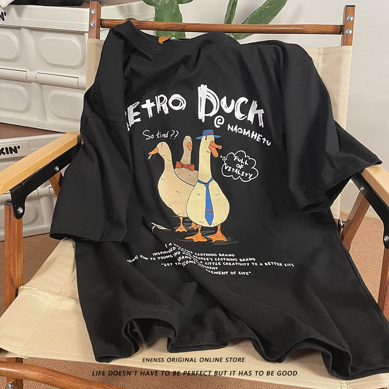 flowersverse Vintage Funny T-shirt for Mens Harajuku Cartoon Ducks Print Graphic T Shirts Y2k Streetwear American Tee Summer Short Sleeve Top