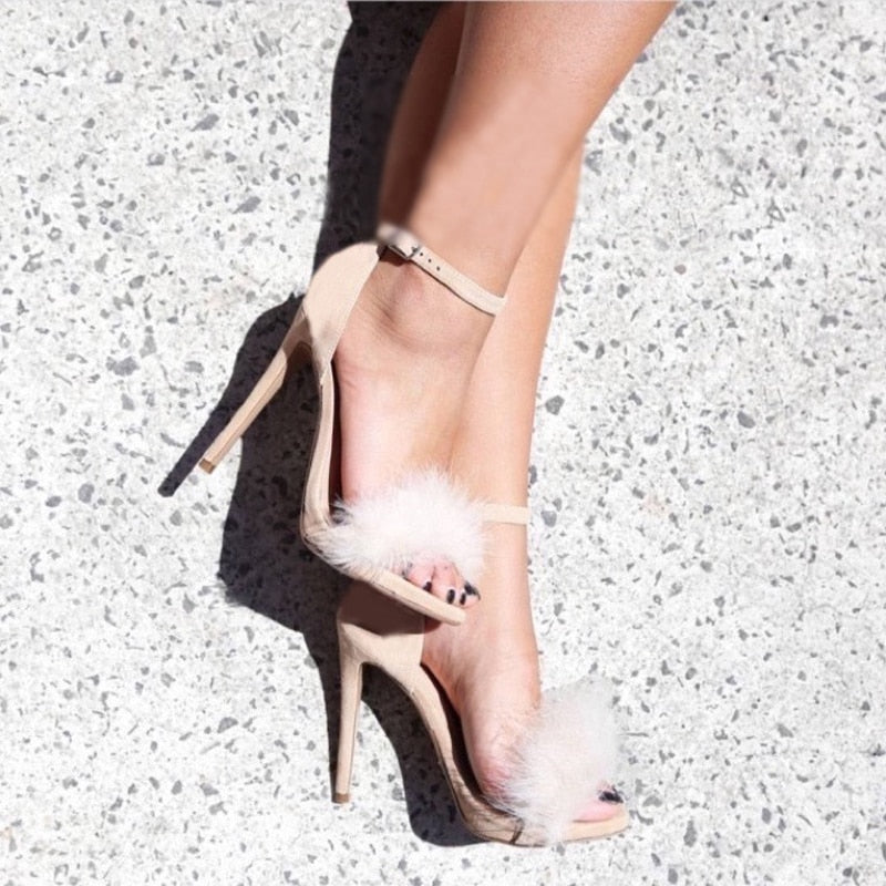 Amozae Women Stiletto Sandalen 2022 Trend 11Cm Heels Designers Summer Shoes Open Toe Fluff Strappy Thin High Heels Lace Up Fur Sandals