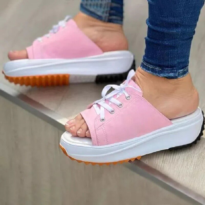 Amozae Summer Womens Platform Slippers Shoes Large Size Lace-Up Fish Mouth Canvas Slipper Shoes For Women Beach Thick Bottom Sandals