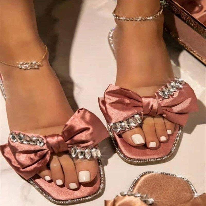 Amozae Summer Women Flat Slippers Butterfly Rhinestones Woman Slides Sandals Female Open Toe Shoes Casual Slipper Chaussure Femme